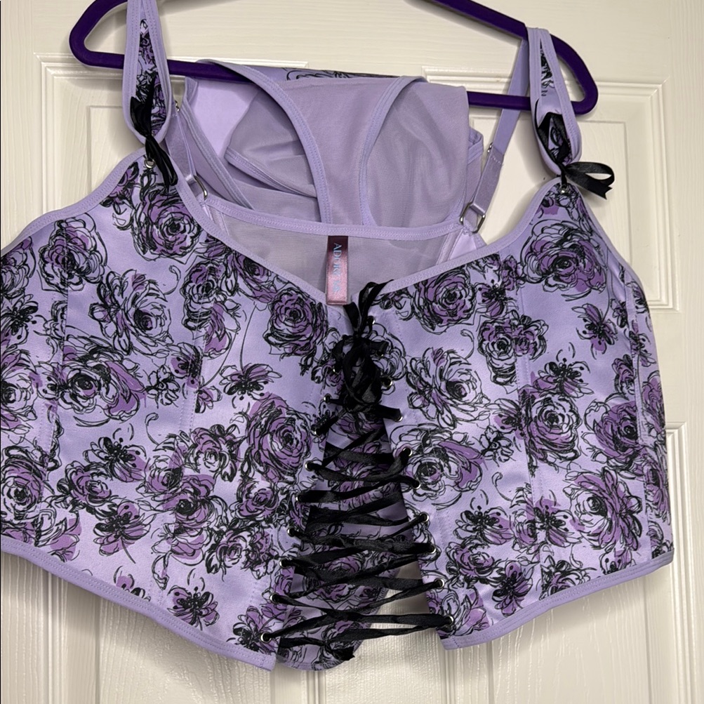 Adore Me Floral Lace-Up Lavender Corset Top And Panty 4x Nwt